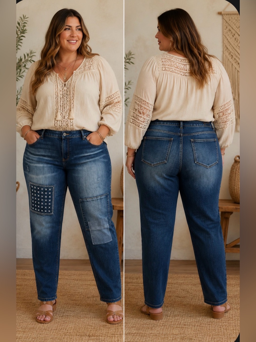Blue Boyfriend Straight Stretch Plus Size Boho Jeans with Patchwork Detail 20W